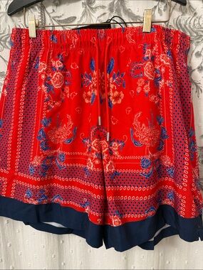 Men’s Red Floral Athletic Shorts with Navy Trim